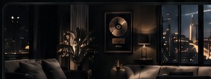 A dark luxury living room with a gold record on the wall